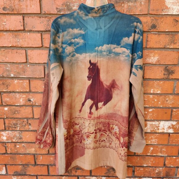 Horse-Print Long-Sleeve Button-Down Shirt Dress With Mandarin Collar Size Large - Picture 6 of 11